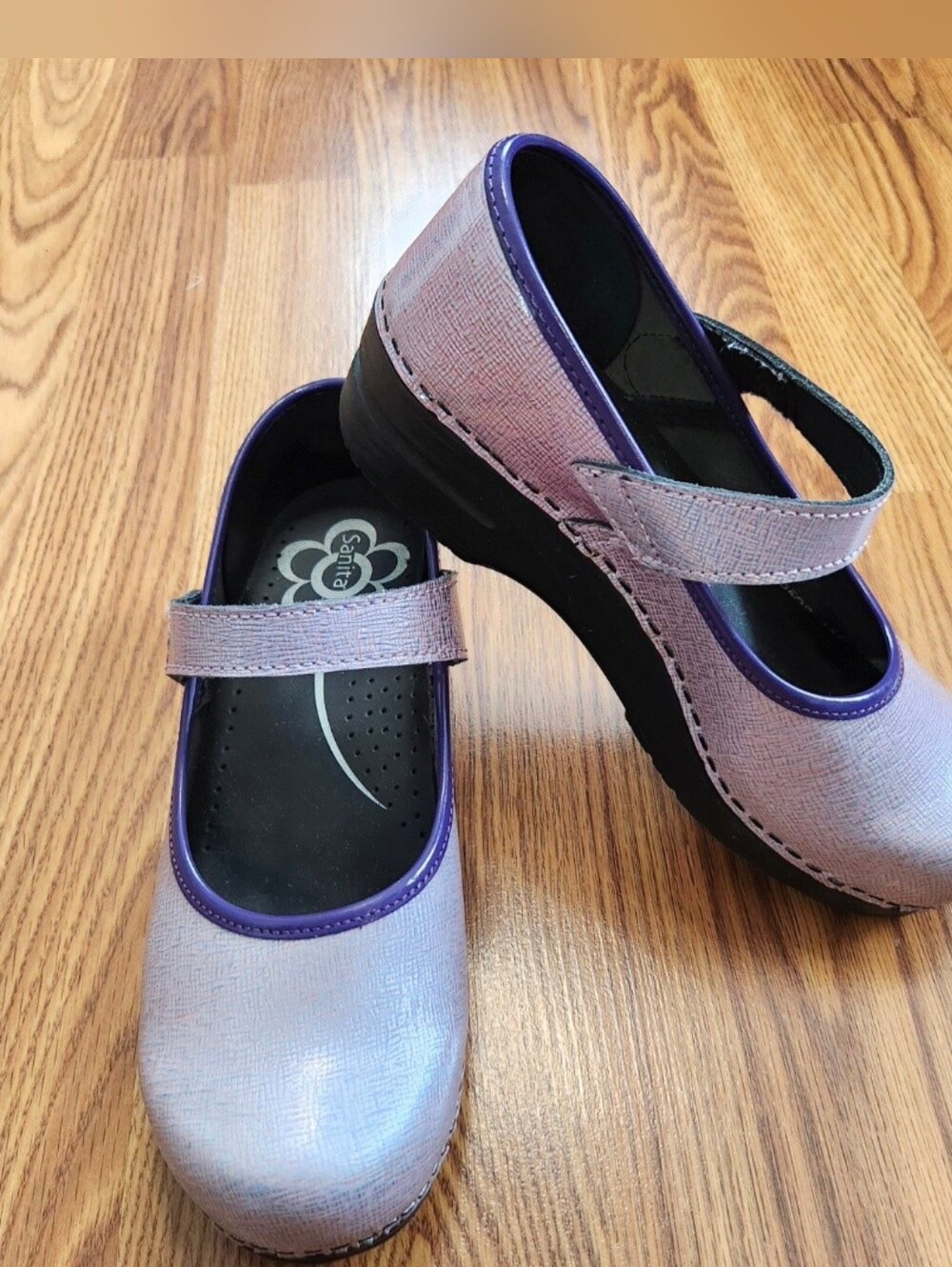 Sanita Women's SZ 38 (7.5 US) Mary Jane Mettalic Purple/Gray Klogs Danish Klogs